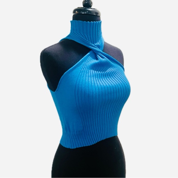 Blue Halter Neck Ribbed Top - Picture 6 of 8
